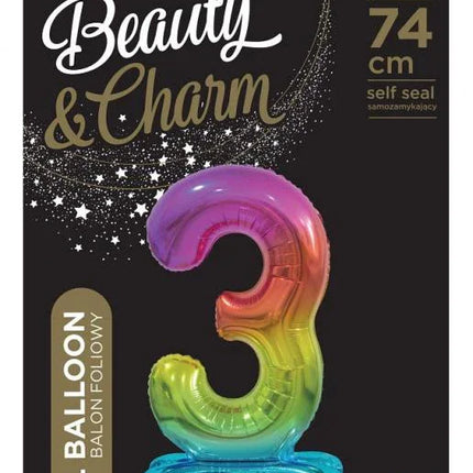Színes Rainbow 3-as szám fólia lufi talppal 74 cm