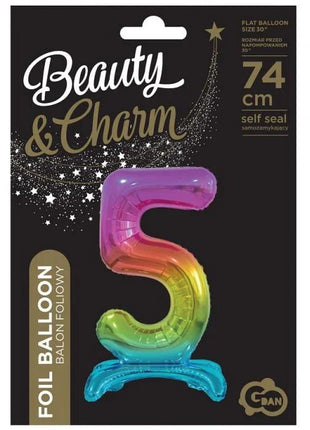 Színes Rainbow 5-ös szám fólia lufi talppal 74 cm