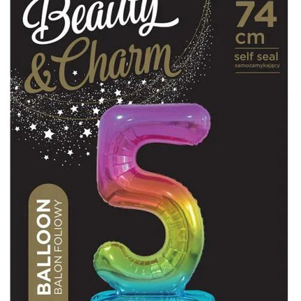 Színes Rainbow 5-ös szám fólia lufi talppal 74 cm