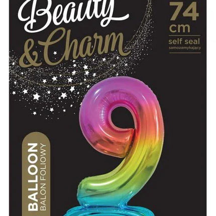 Színes Rainbow 9-es szám fólia lufi talppal 74 cm