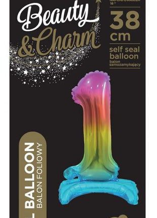Színes Rainbow mini 1-es szám fólia lufi talppal 38 cm