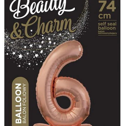 Rose Gold 6-os szám fólia lufi talppal 74 cm