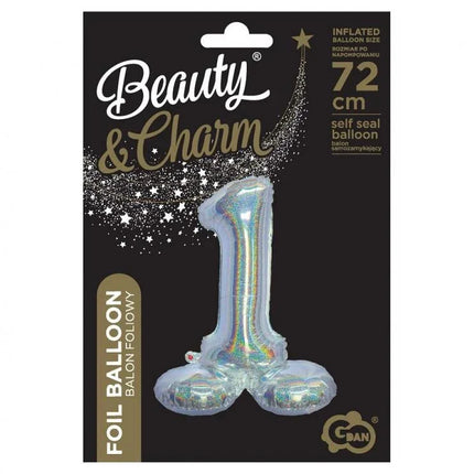 Ezüst Holographic Silver 1-es szám fólia lufi talppal 72 cm