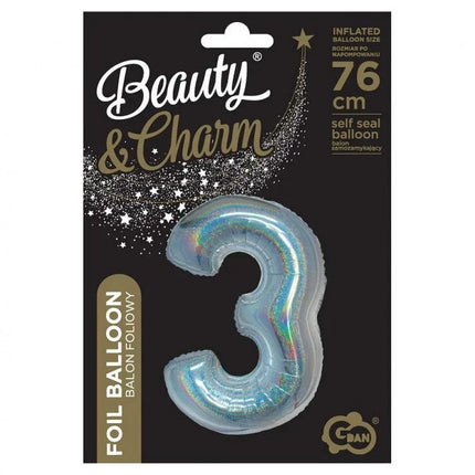 Ezüst Holographic 3-as szám fólia lufi 76 cm