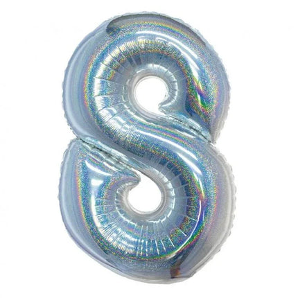 Ezüst Holographic 8-as szám fólia lufi 76 cm