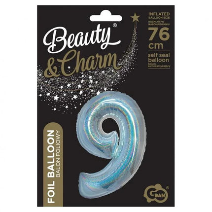 Ezüst Holographic 9-es szám fólia lufi 76 cm