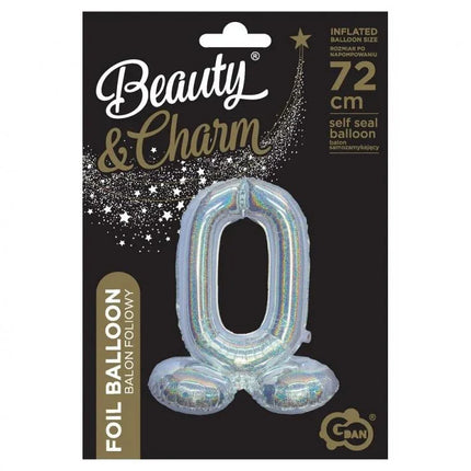 Ezüst Holographic Silver 0-ás szám fólia lufi talppal 72 cm
