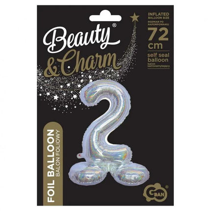 Ezüst Holographic Silver 2-es szám fólia lufi talppal 72 cm