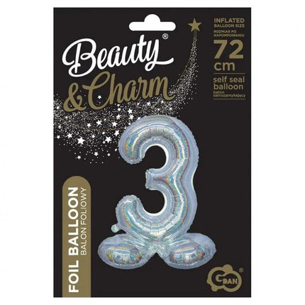 Ezüst Holographic Silver 3-as szám fólia lufi talppal 72 cm