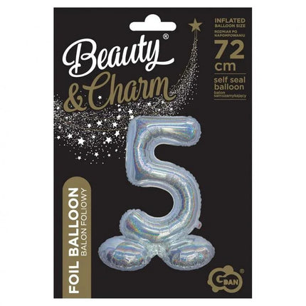 Ezüst Holographic Silver 5-ös szám fólia lufi talppal 72 cm