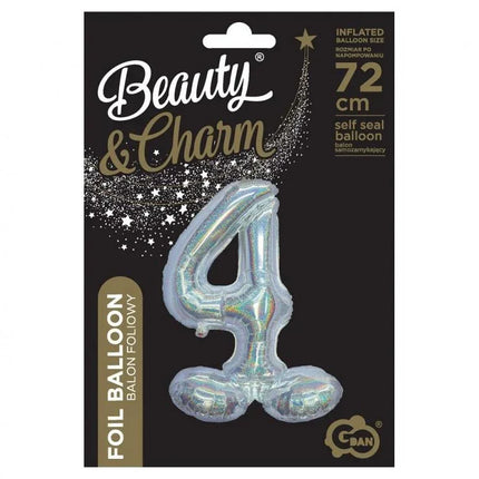 Ezüst Holographic Silver 4-es szám fólia lufi talppal 72 cm