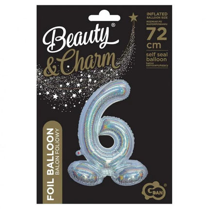 Ezüst Holographic Silver 6-os szám fólia lufi talppal 72 cm