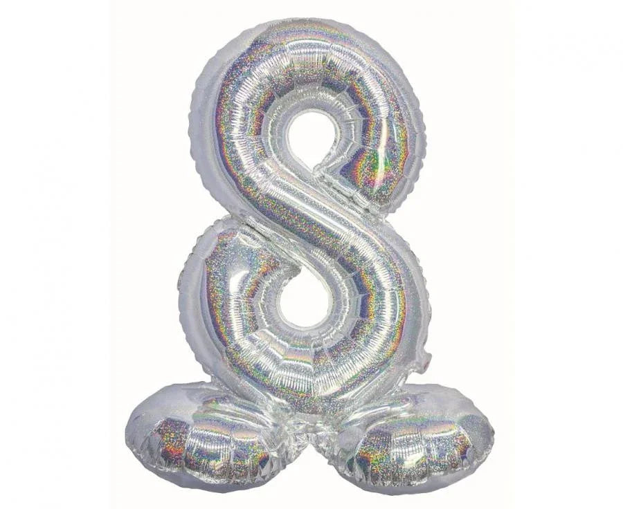 Ezüst Holographic Silver 8-as szám fólia lufi talppal 72 cm