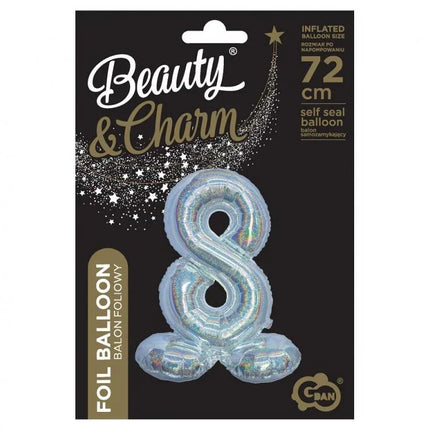 Ezüst Holographic Silver 8-as szám fólia lufi talppal 72 cm