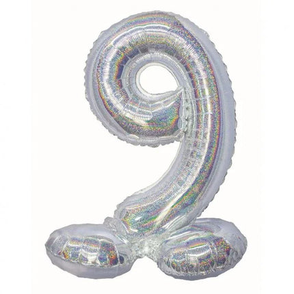Ezüst Holographic Silver 9-es szám fólia lufi talppal 72 cm
