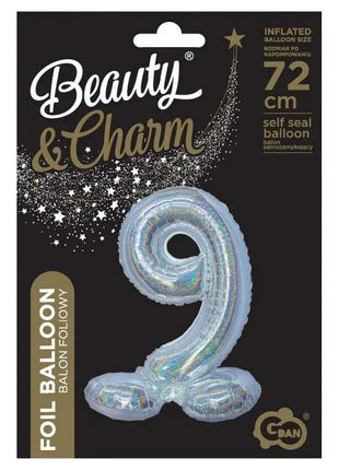 Ezüst Holographic Silver 9-es szám fólia lufi talppal 72 cm