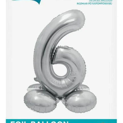 Ezüst 6-os Silver szám fólia lufi talppal 72 cm