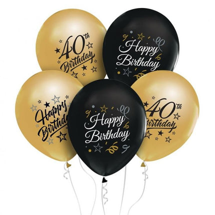 Színes Happy Birthday 40 Gold-Black léggömb, lufi 5 db-os 12 inch (30 cm)