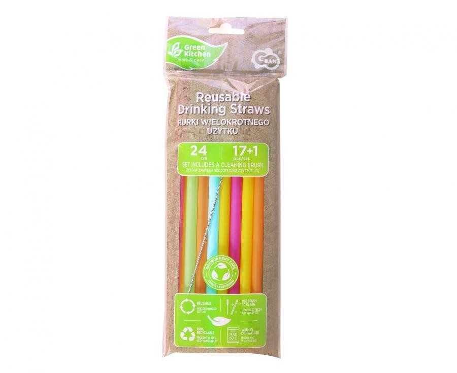 Színes Colors műanyag újrafelhasználható szívószál 17 db-os + kefe