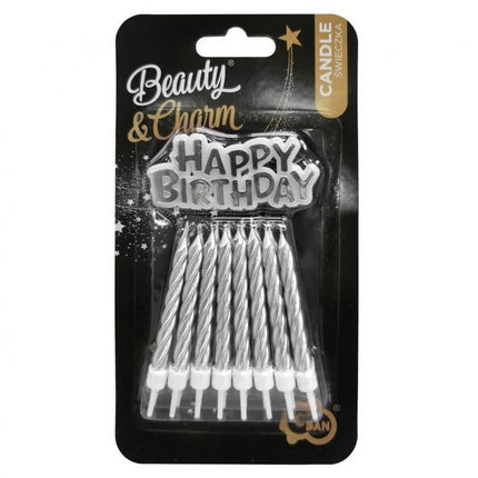 B&C Silver, Ezüst Happy Birthday gyertya szett 16 db-os