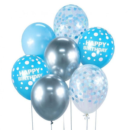 Színes Happy Birthday Silver-Blue léggömb, lufi szett 7 db-os 30cm (12 inch)