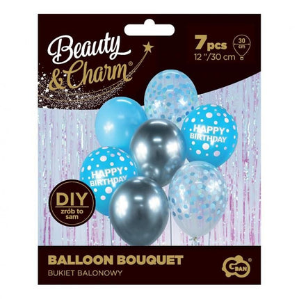 Színes Happy Birthday Silver-Blue léggömb, lufi szett 7 db-os 30cm (12 inch)