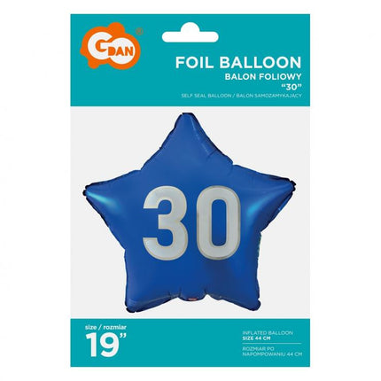 Kék Happy Birthday 30 Blue csillag fólia lufi 44 cm