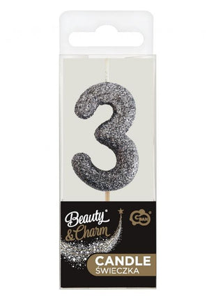 Fekete Glitter Black számgyertya, tortagyertya 3-as