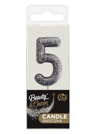 Fekete Glitter Black számgyertya, tortagyertya 5-ös