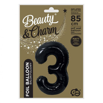 Fekete 3-as B&C Matt Black szám fólia lufi 85 cm