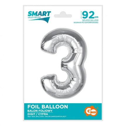 Ezüst 3-as Silver szám fólia lufi 92 cm