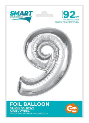 Ezüst 9-es Silver szám fólia lufi 92 cm
