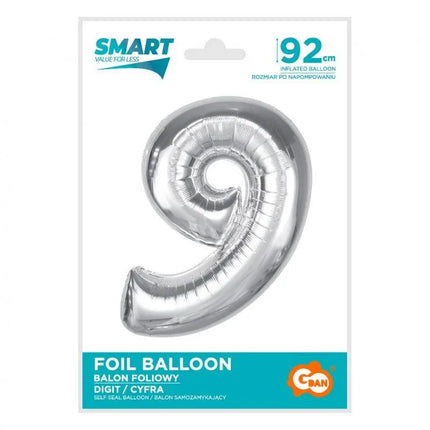 Ezüst 9-es Silver szám fólia lufi 92 cm