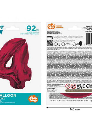 Piros 4-es Red szám fólia lufi 92 cm