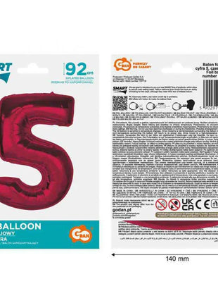 Piros 5-ös Red szám fólia lufi 92 cm