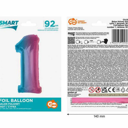 Színes 1-es Rainbow szám fólia lufi 92 cm