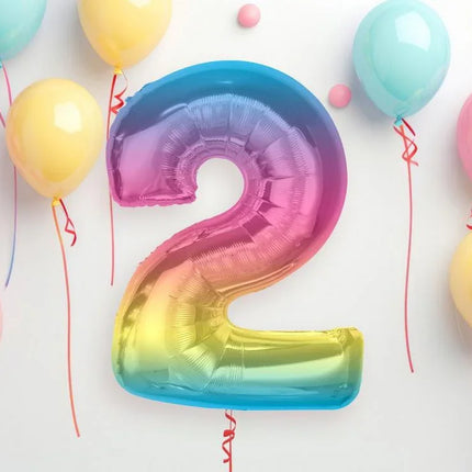 Színes 2-es Rainbow szám fólia lufi 92 cm