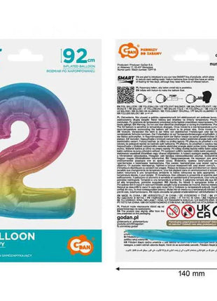 Színes 2-es Rainbow szám fólia lufi 92 cm