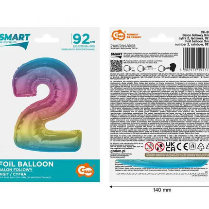 Színes 2-es Rainbow szám fólia lufi 92 cm