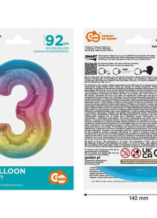 Színes 3-as Rainbow szám fólia lufi 92 cm