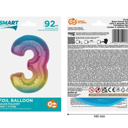Színes 3-as Rainbow szám fólia lufi 92 cm