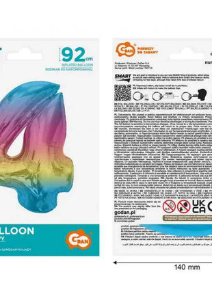 Színes 4-es Rainbow szám fólia lufi 92 cm