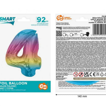 Színes 4-es Rainbow szám fólia lufi 92 cm