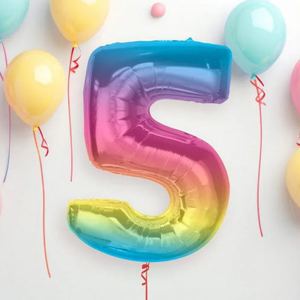 Színes 5-ös Rainbow szám fólia lufi 92 cm