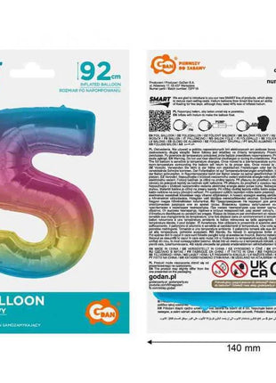 Színes 5-ös Rainbow szám fólia lufi 92 cm