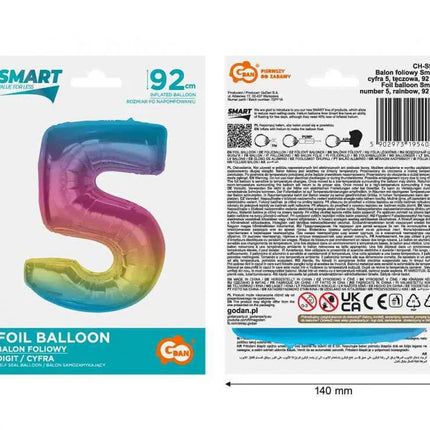Színes 5-ös Rainbow szám fólia lufi 92 cm