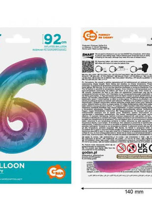 Színes 6-os Rainbow szám fólia lufi 92 cm