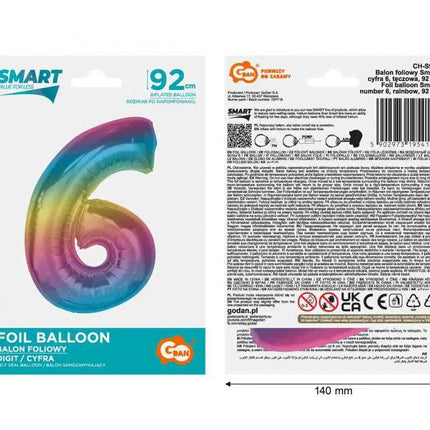 Színes 6-os Rainbow szám fólia lufi 92 cm