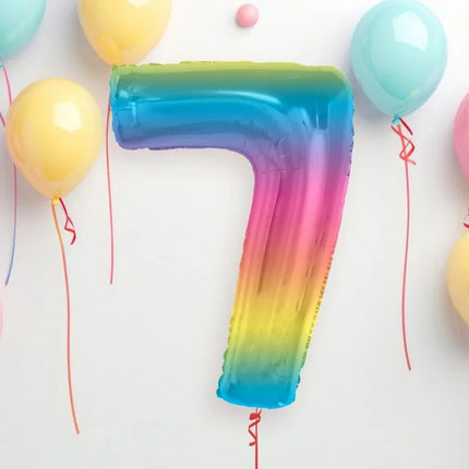 Színes 7-es Rainbow szám fólia lufi 92 cm