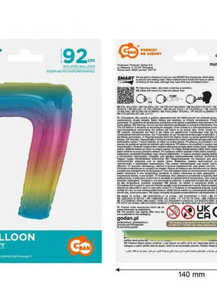 Színes 7-es Rainbow szám fólia lufi 92 cm